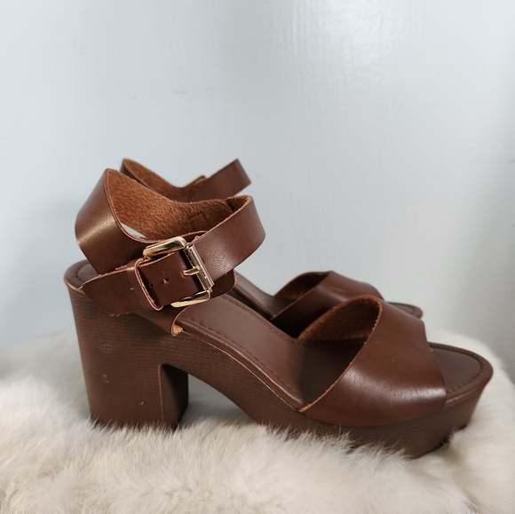 Forever 21 Brown Wood & Leather Style Block Heel Sandals Y2K-Inspired Sz 8 - Picture 8 of 16